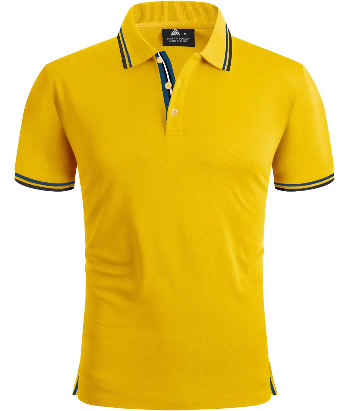 Yellow polo shirt with blue accents on a white background