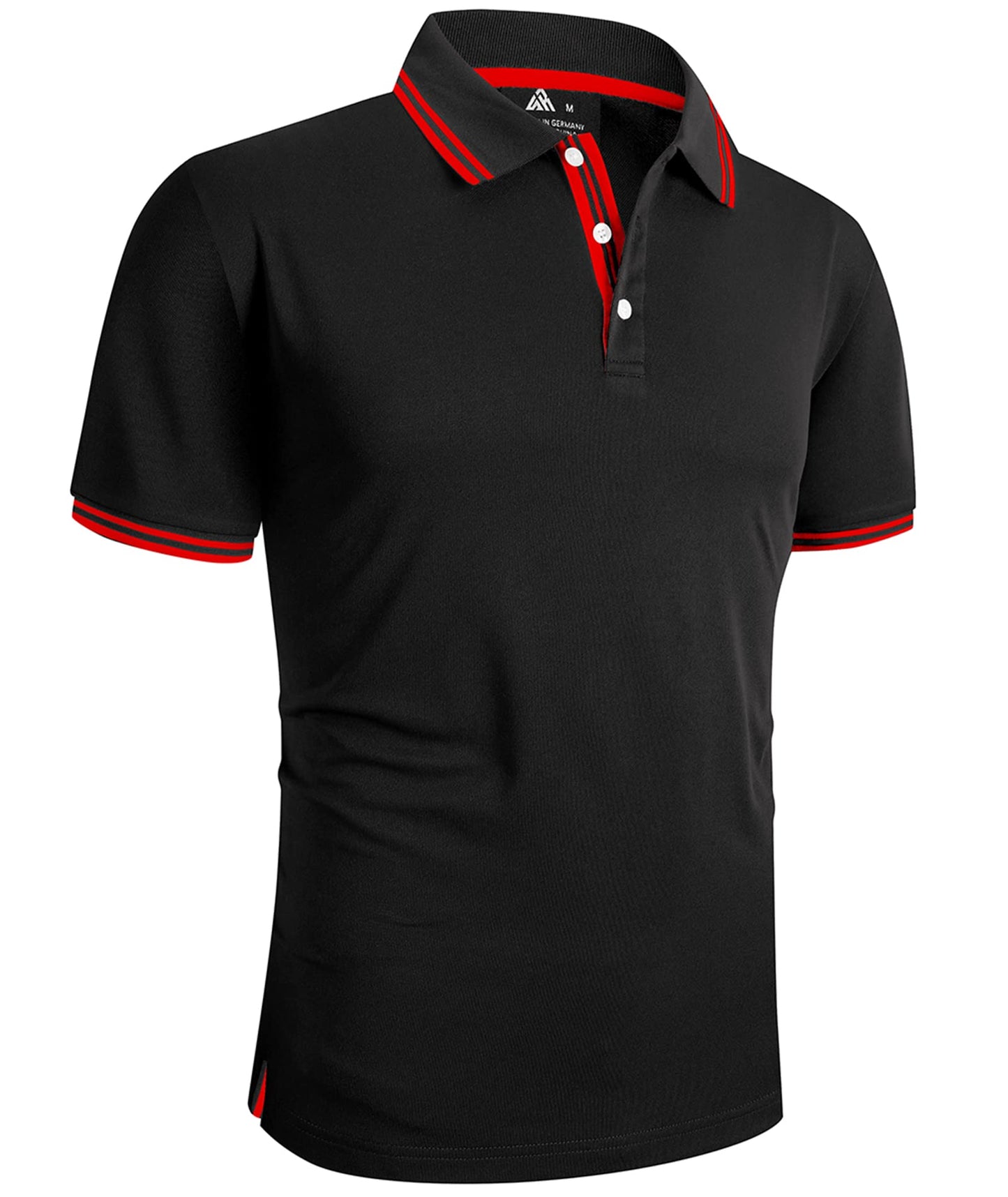 Black polo shirt with red accents on a white background