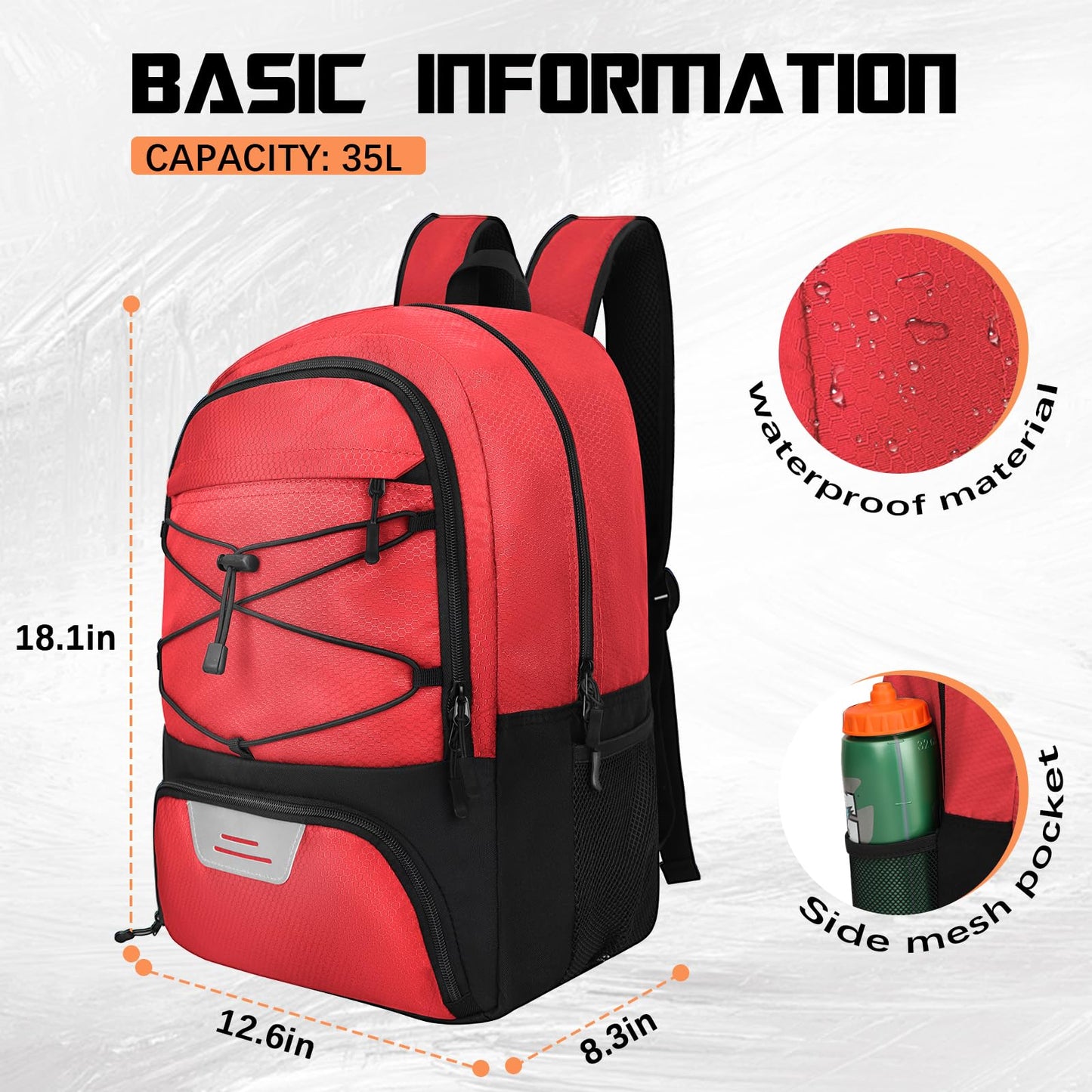 Red and black backpack with measurements and features