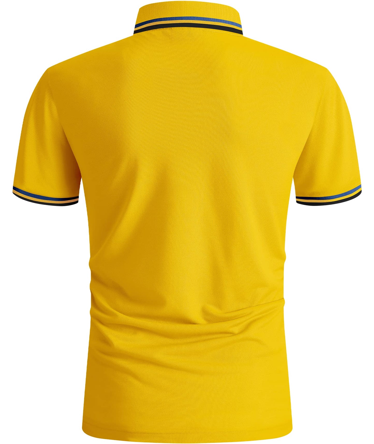 Yellow polo shirt with blue trim on a white background