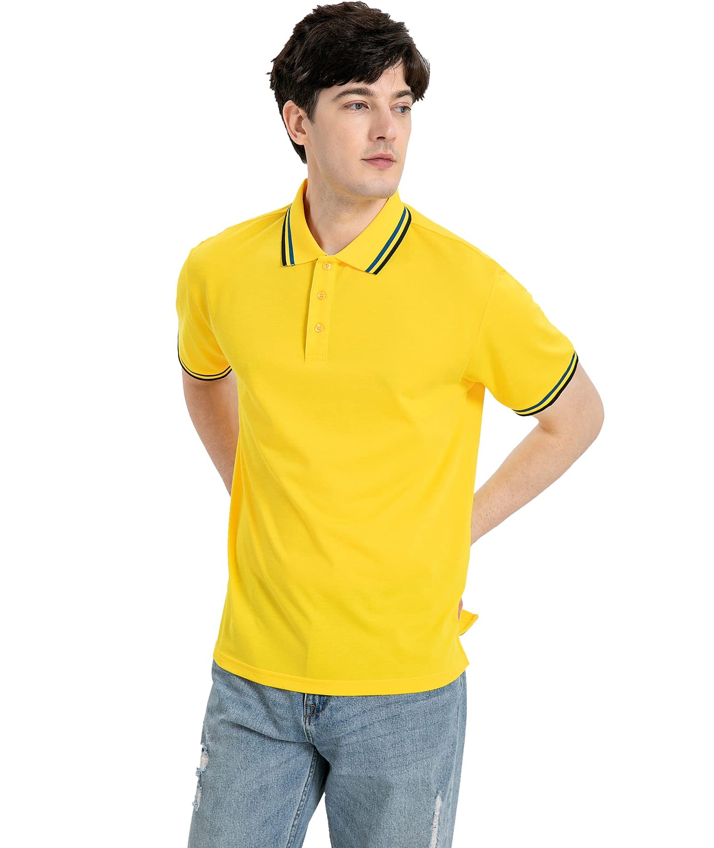 Person wearing a yellow polo shirt with black trim on a white background