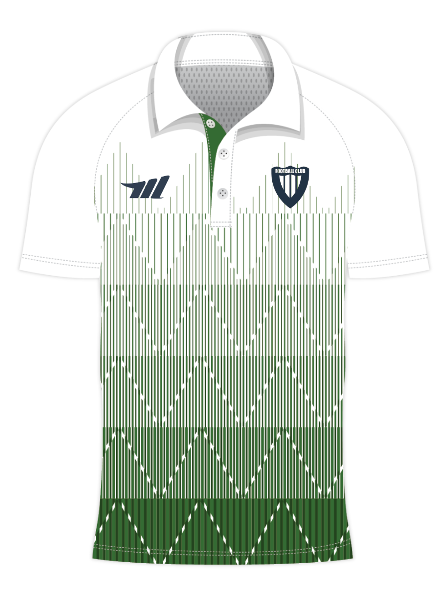 White polo shirt with green and white pattern on a white background