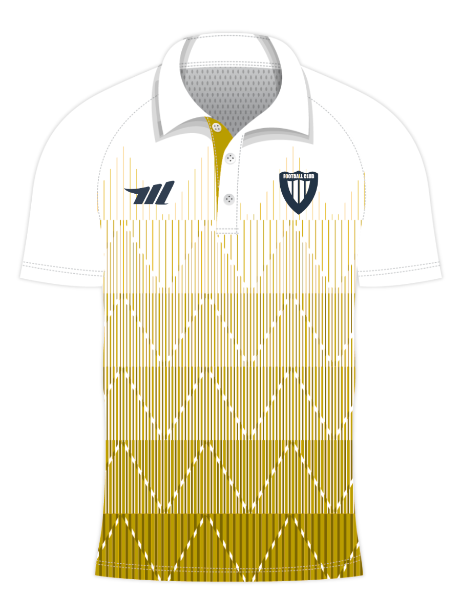 White polo shirt with yellow pattern and brand logo on a white background