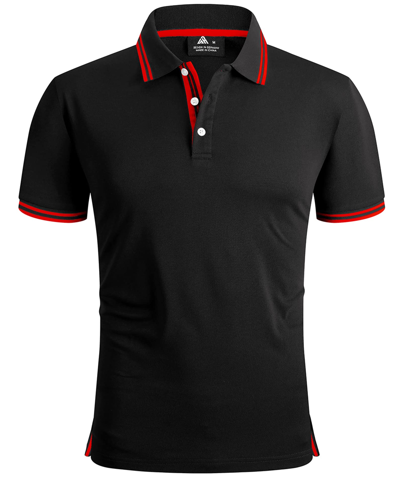 Black polo shirt with red accents on a white background