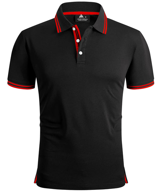 Black polo shirt with red accents on a white background