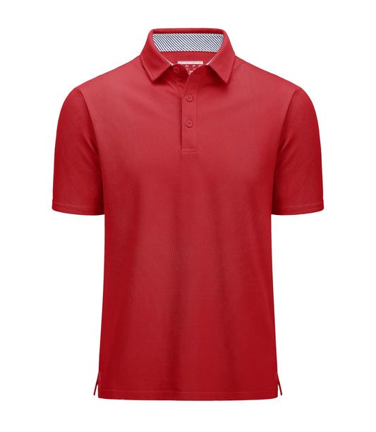 Red polo shirt with a white collar on a white background