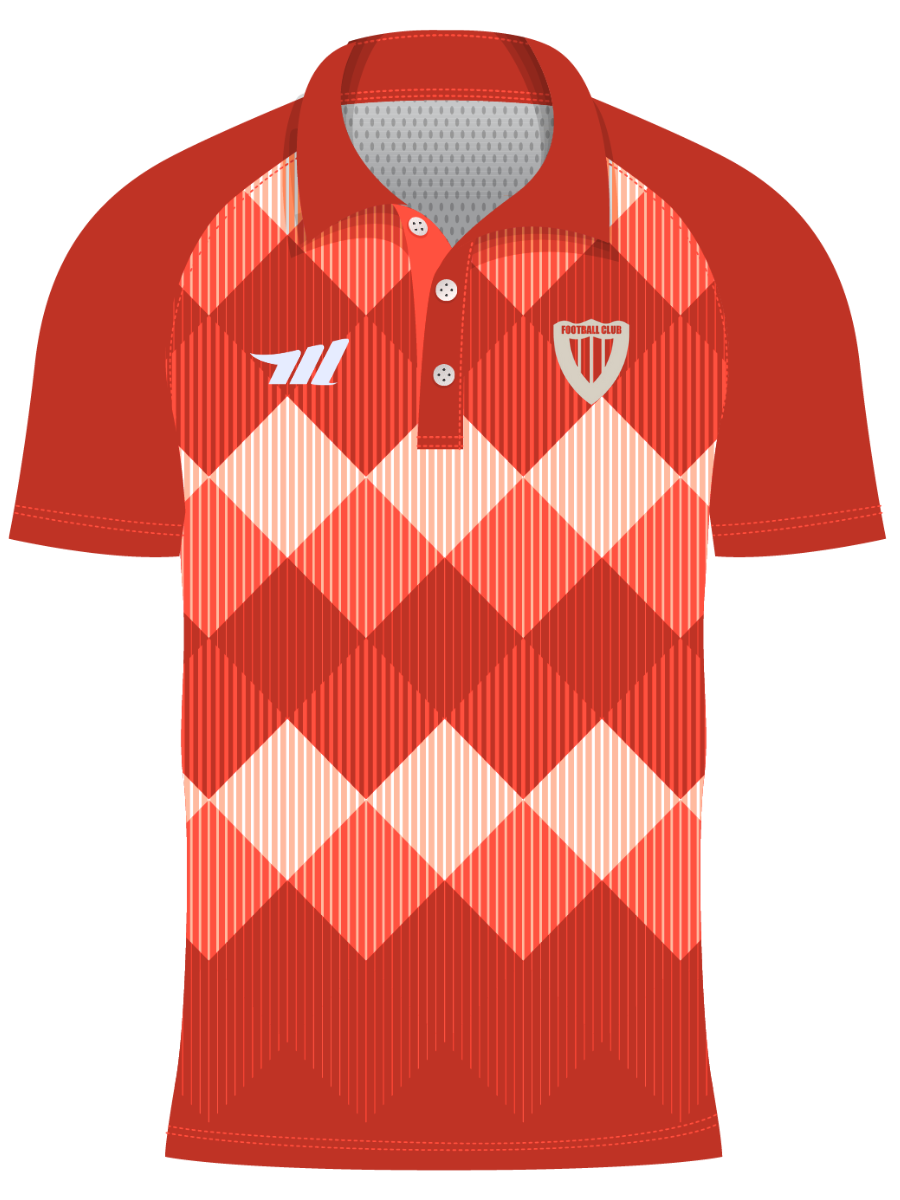 Red and white checkered polo shirt with a logo 