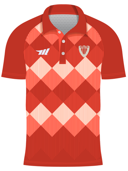 Red and white checkered polo shirt with a logo 
