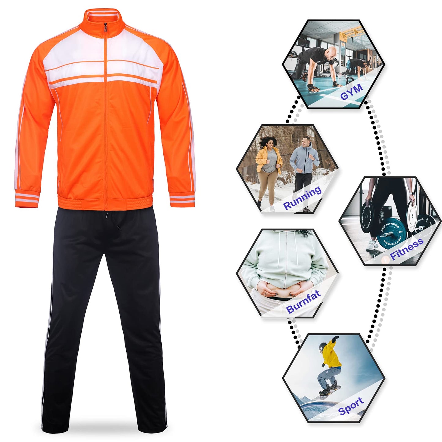 Orange and black tracksuit with lifestyle images 