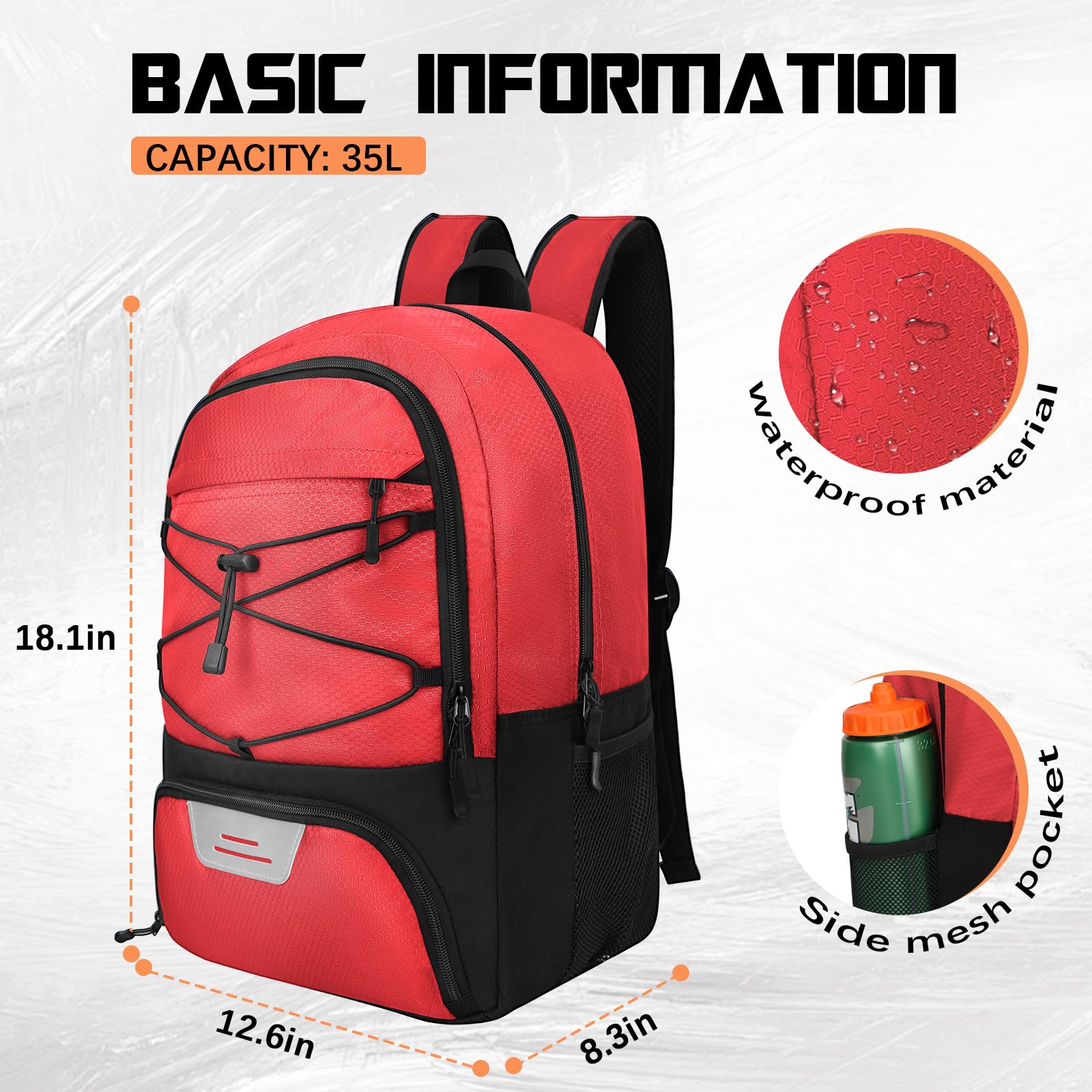 Red and black backpack with measurements and features 