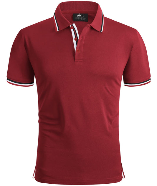Red polo shirt with white and black trim on a white background