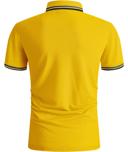 Yellow polo shirt with blue trim on a white background