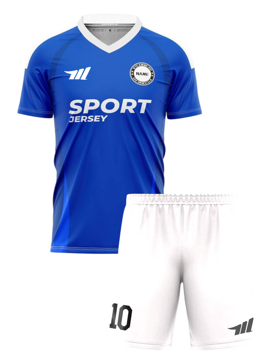 Blue and white football kit with short sleeve