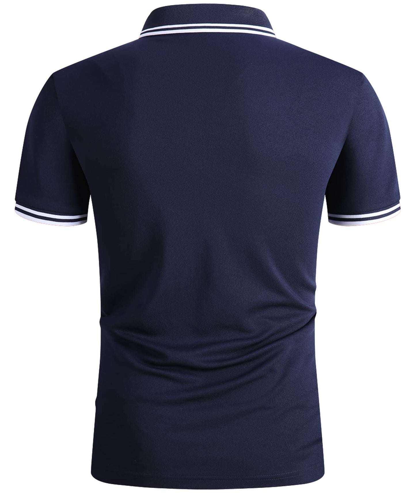 Navy blue polo shirt with white trim on a white background
