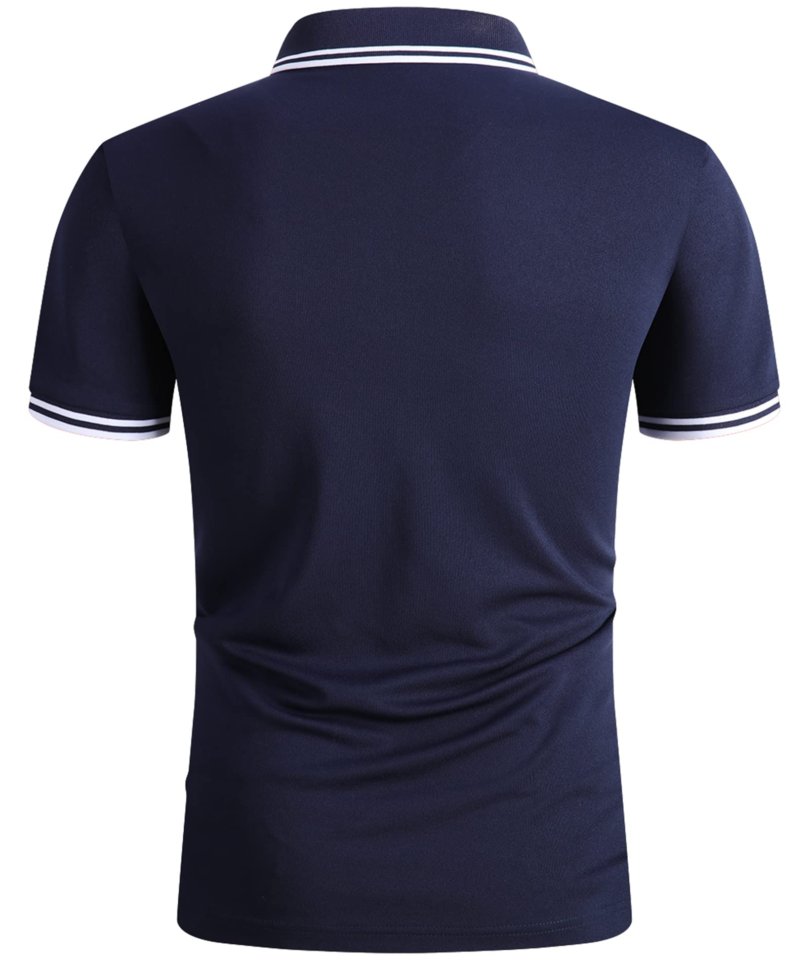 Navy blue polo shirt with white trim on a white background