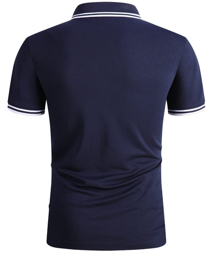 Navy blue polo shirt with white trim on a white background