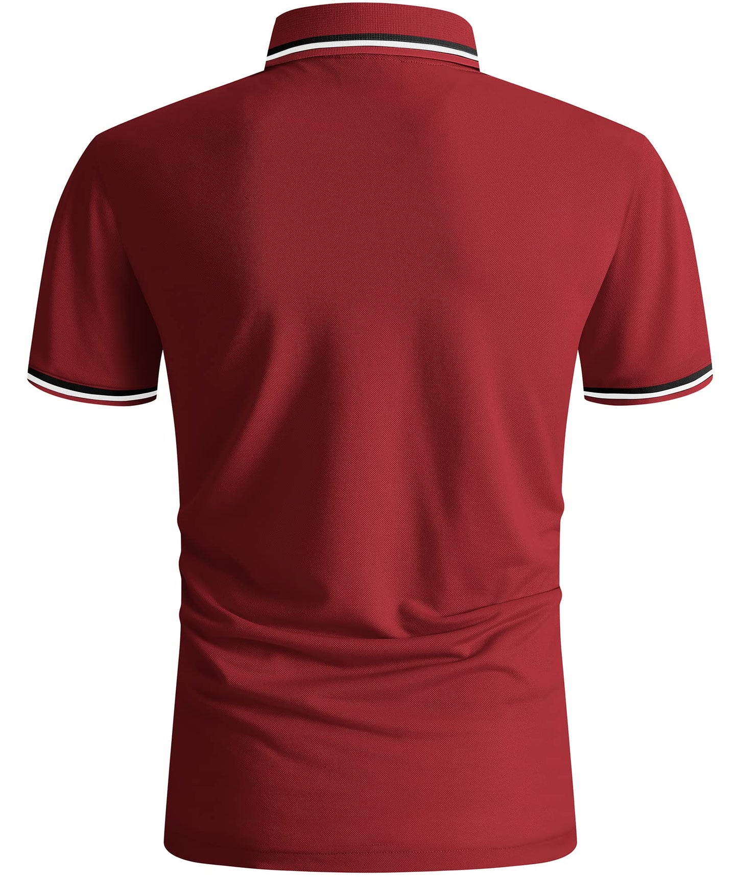 Red polo shirt with white and black trim on a white background