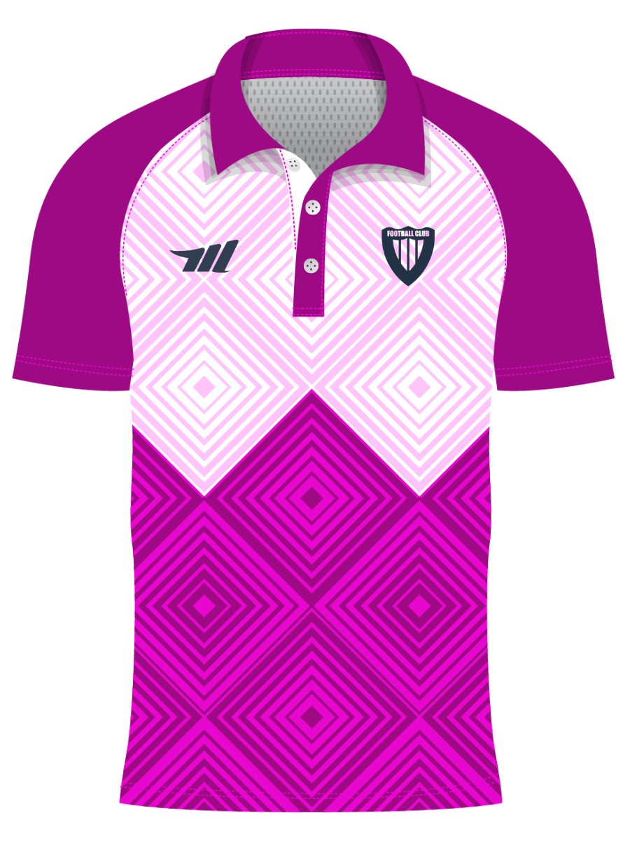 Purple and pink polo shirt with geometric pattern on a white background