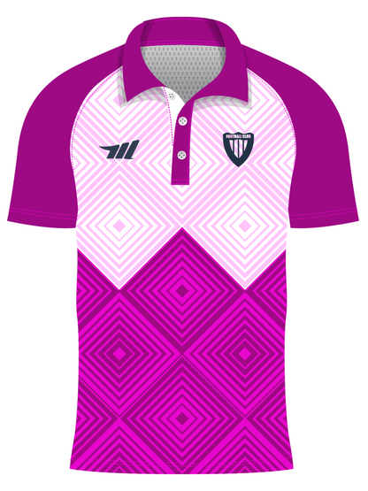 Purple and pink polo shirt with geometric pattern on a white background