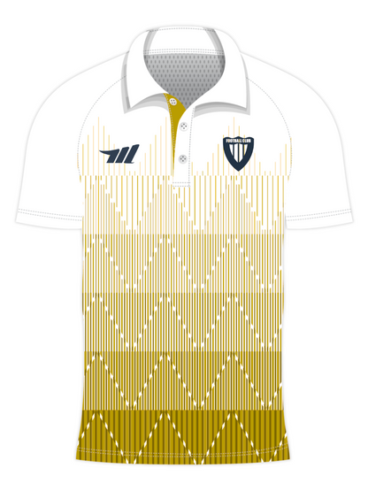 White polo shirt with yellow pattern and brand logo on a white background