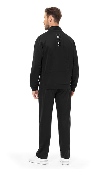Man wearing a black tracksuit with a unique design 