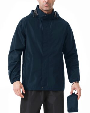 iCreek Men's Rain Jacket Lightweight Waterproof Packable Rain Shell Jacket Raincoat with Hood Windbreaker for Cycling, Golf Navy Blue Large