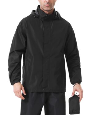 iCreek Men's Rain Jacket Lightweight Waterproof Packable Rain Shell Jacket Raincoat with Hood Windbreaker for Cycling, Golf Black Large