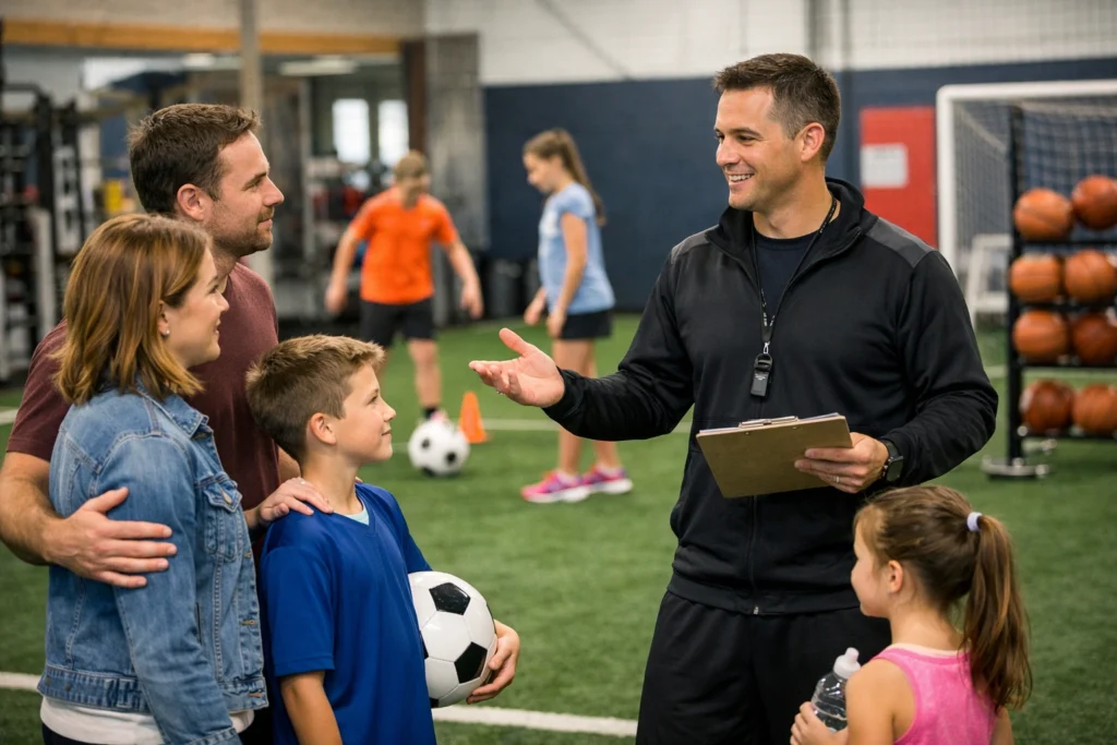 Parents and young athletes exploring a sports club, checking facilities, and talking to coaches.